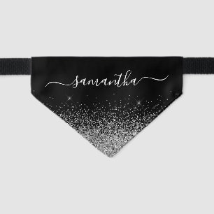 Black and Silver Glitter Elegant Name Pet Bandana Collar