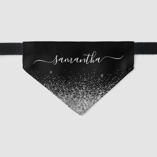 Black and Silver Glitter Elegant Name Pet Bandana Collar (Front)