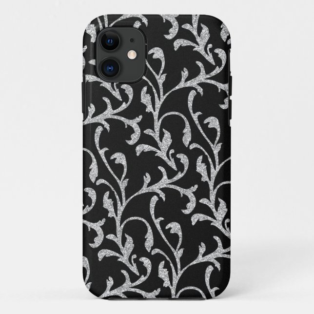 Black and Silver Glitter Floral iPhone Case (Back)