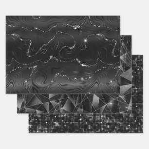 Black and Silver Glitter Geometric Patterns Wrapping Paper Sheets