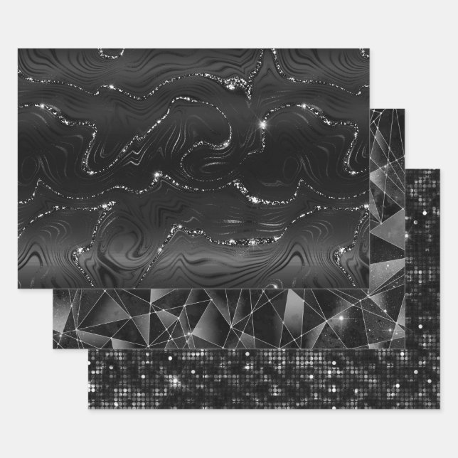 Black and Silver Glitter Geometric Patterns Wrapping Paper Sheets (Set)