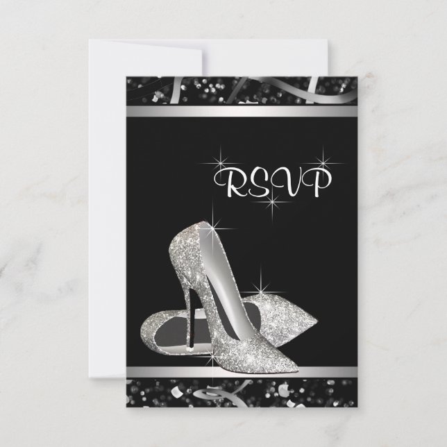 Black and Silver Glitter High Heel Shoe RSVP Card (Front)