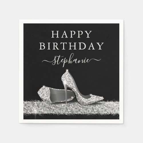 Black and Silver Glitter High Heels Birthday Napkins