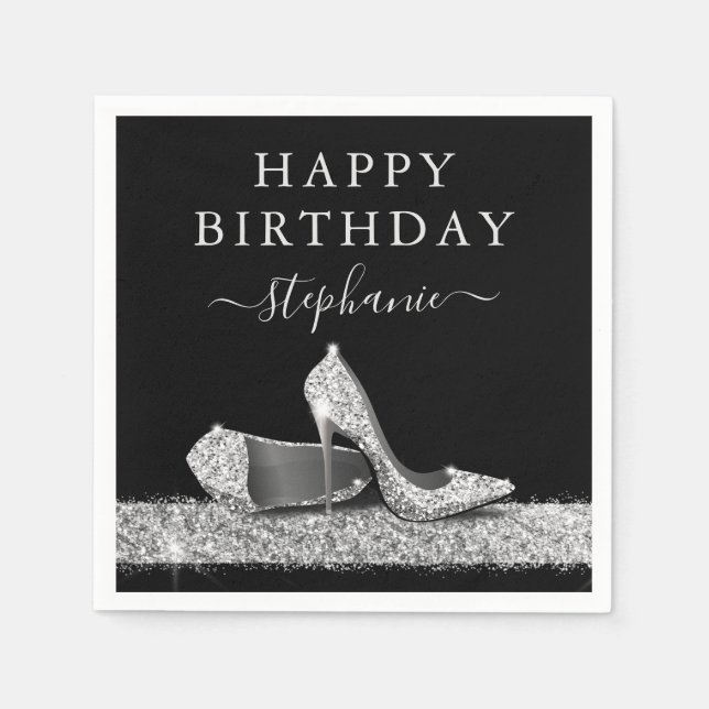 Black and Silver Glitter High Heels Birthday Napkins (Front)