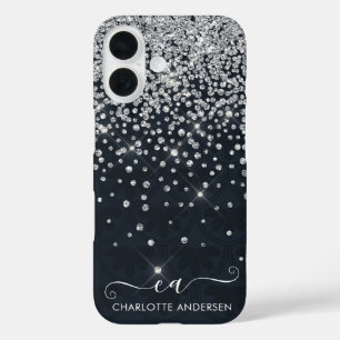 Black and Silver Glitter Jeweled Monogram Name iPhone 16 Case