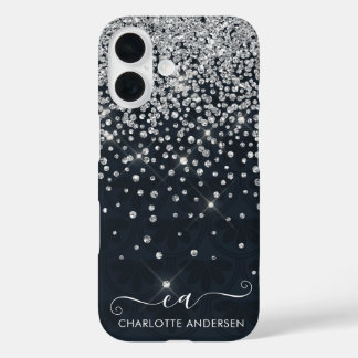 Black and Silver Glitter Jeweled Monogram Name  iPhone 16 Case