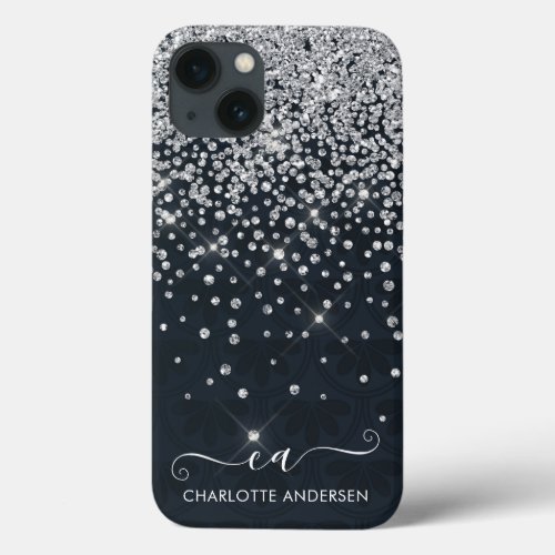 Black and Silver Glitter Jeweled Monogram Name  iPhone 13 Case