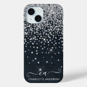 Black and Silver Glitter Jeweled Monogram Name iPhone 15 Case