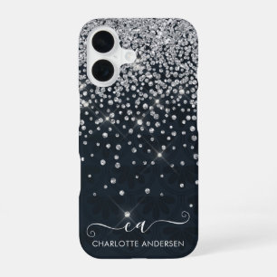 Black and Silver Glitter Jeweled Monogram Name iPhone 16 Case
