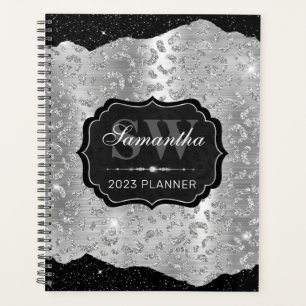 Black and Silver Glitter Leopard Spots Monogram Planner