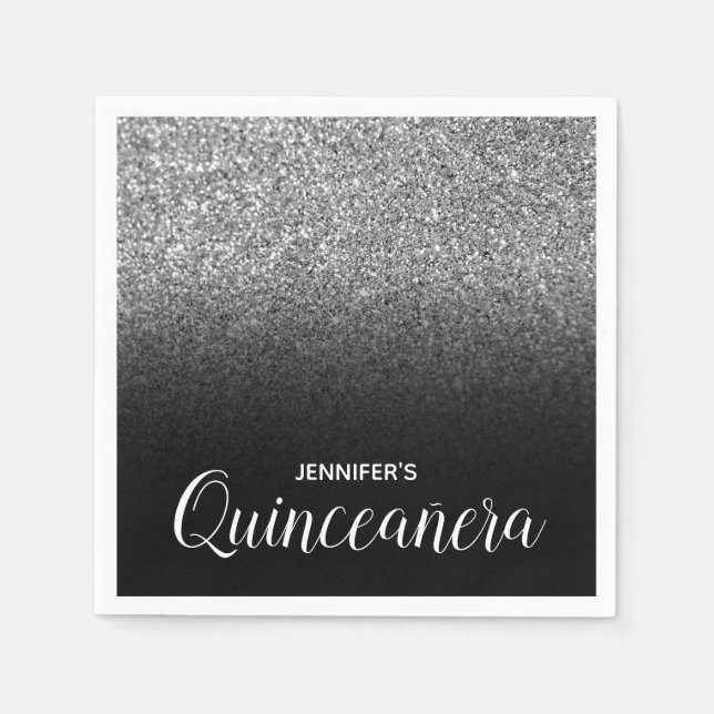 Black and Silver Glitter Ombre Quinceanera Napkins (Front)