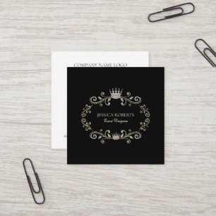 Black And Silver Glitter Ornate Frame with a Crown Square Business Card