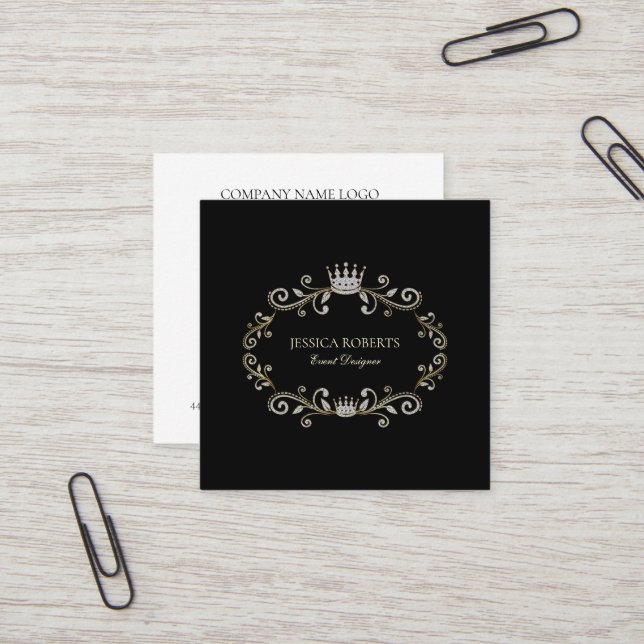 Black And Silver Glitter Ornate Frame with a Crown Square Business Card (Front/Back In Situ)