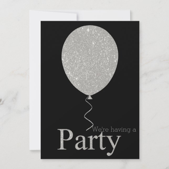 Black and Silver Glitter Party Balloon Invitation (Front)