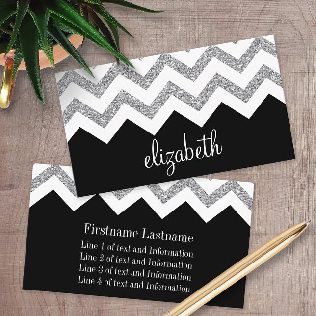 Black and Silver Glitter Print Chevron and Name Business Card (Custom Printed Business Cards)