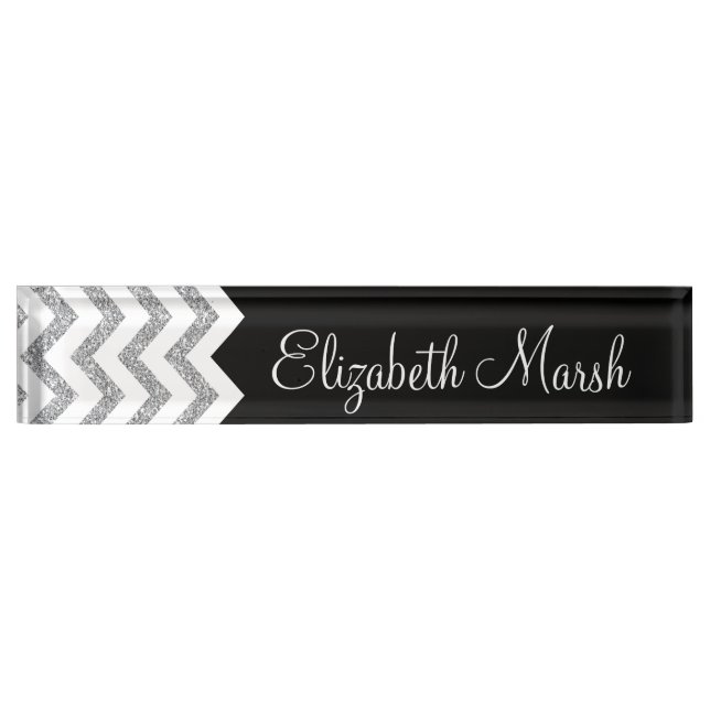 Black and Silver Glitter Print Chevron and Name Desk Name Plate (Front)