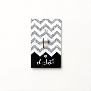 Black and Silver Glitter Print Chevron and Name Light Switch Cover