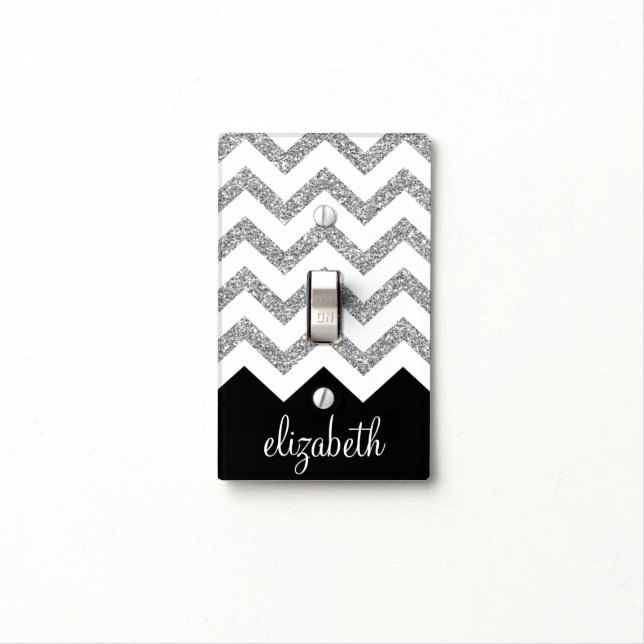Black and Silver Glitter Print Chevron and Name Light Switch Cover (In Situ)