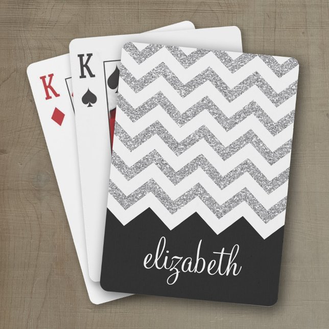 Black and Silver Glitter Print Chevron and Name Poker Cards (Personalized playing cards with a zig zag pattern and a place for a name or monogram)