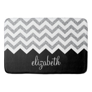 Black and Silver Glitter Print Chevrons and Name Bath Mat