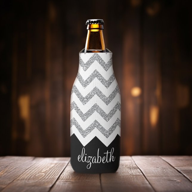 Black and Silver Glitter Print Chevrons and Name Bottle Cooler (Add your name to this personalized bottle cooler.)