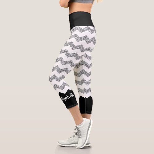 Black and Silver Glitter Print Chevrons and Name Capri Leggings