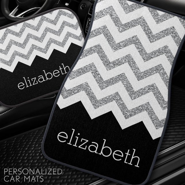 Black and Silver Glitter Print Chevrons and Name Car Floor Mat (Personalized Car Mats)