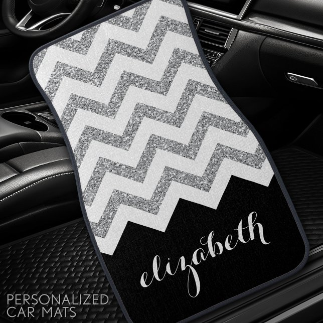 Black and Silver Glitter Print Chevrons and Name Car Floor Mat (Personalized Car Mats)