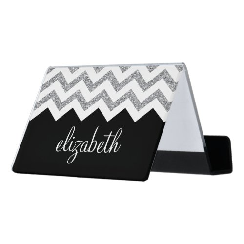 Black and Silver Glitter Print Chevrons and Name Desk Business Card Holder