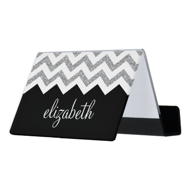 Black and Silver Glitter Print Chevrons and Name Desk Business Card Holder (Angled Back)