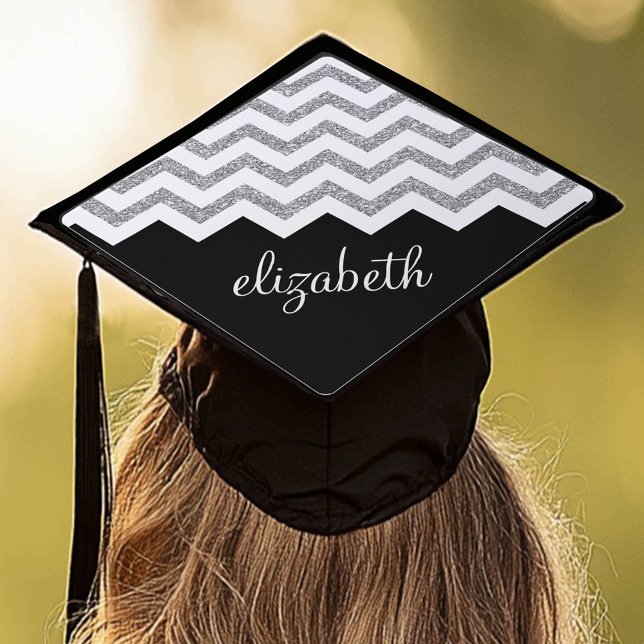 Black and Silver Glitter Print Chevrons and Name Graduation Cap Topper (Custom Grad Topper)