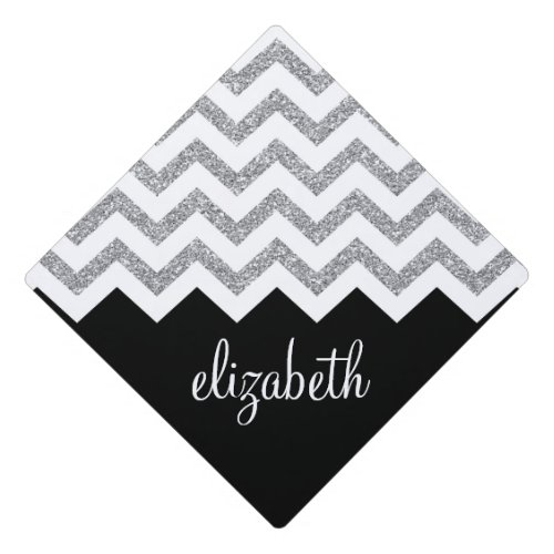 Black and Silver Glitter Print Chevrons and Name Graduation Cap Topper