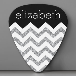 Black and Silver Glitter Print Chevrons and Name Guitar Pick