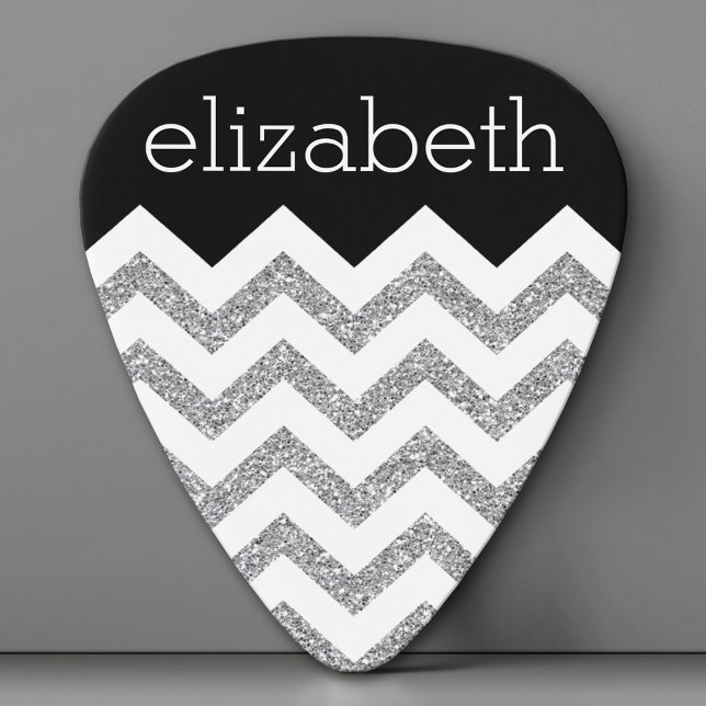 Black and Silver Glitter Print Chevrons and Name Guitar Pick (Custom Guitar Pick)