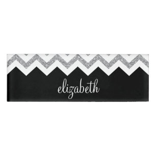 Black and Silver Glitter Print Chevrons and Name Name Tag