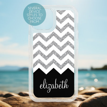 Black And Silver Glitter Print Chevrons And Name Otterbox Iphone 14 Ca