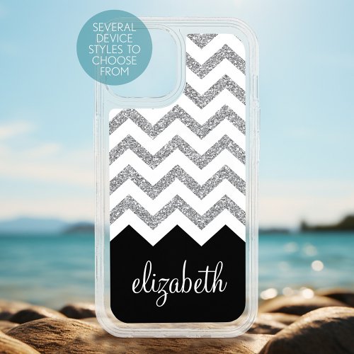 Black and Silver Glitter Print Chevrons and Name OtterBox iPhone 14 Case