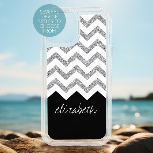 Black and Silver Glitter Print Chevrons and Name iPhone 15 Case