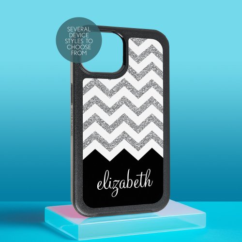 Black and Silver Glitter Print Chevrons and Name iPhone 15 Case