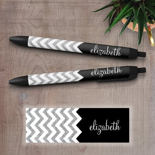 Black and Silver Glitter Print Chevrons and Name Pen