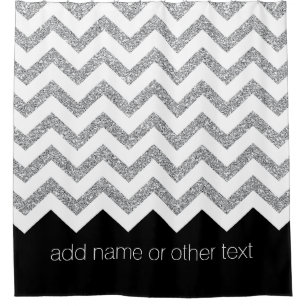 Black and Silver Glitter Print Chevrons and Name Shower Curtain