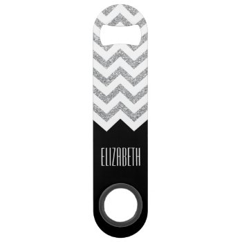 Black And Silver Glitter Print Chevrons And Name Speed Bottle Opener by icases at Zazzle