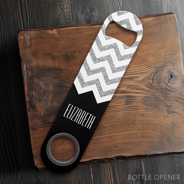 Black and Silver Glitter Print Chevrons and Name Speed Bottle Opener (Custom Monogram Bottle Opener)