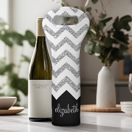 Black and Silver Glitter Print Chevrons and Name Wine Bag