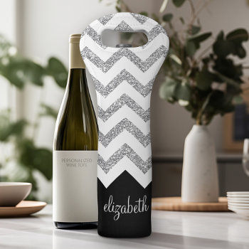 Black And Silver Glitter Print Chevrons And Name Wine Bag by icases at Zazzle