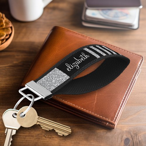 Black and Silver Glitter Print Stripes and Name Wrist Keychain