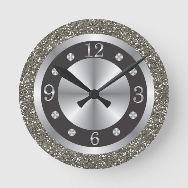 Black And Silver Glitter   Round Clock (Front)