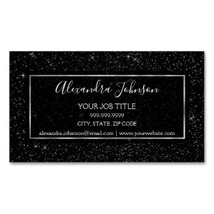 Black and Silver Glitter Sparkle Glitter Stars Business Card Magnet