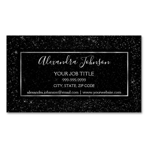 Black and Silver Glitter Sparkle Glitter Stars Business Card Magnet