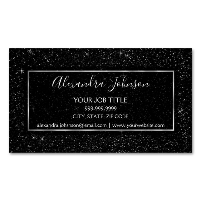 Black and Silver Glitter Sparkle Glitter Stars Business Card Magnet (Front)